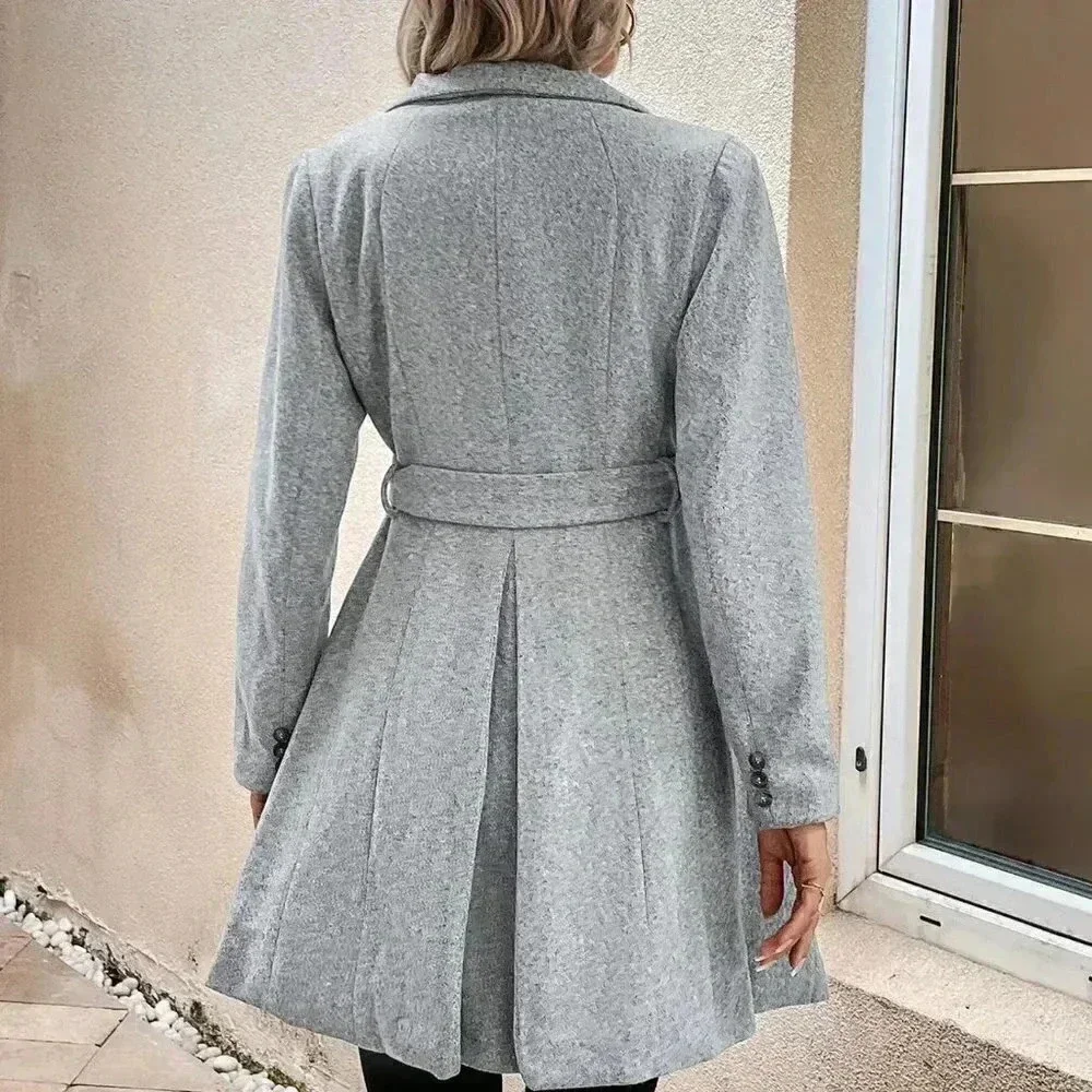 Grey Casual Womens Waterfall Collar Belted Overcoat - Picture 2 of 5